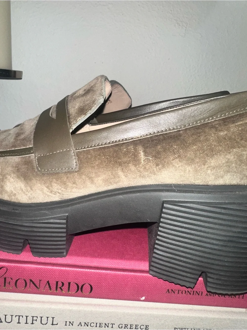 Stuart Weitzman Soho Olive Velvet Lug Sole Loafers